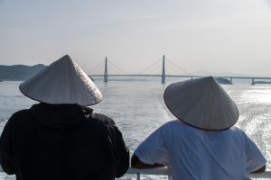 bridge, ship, sea, nature, hats, people